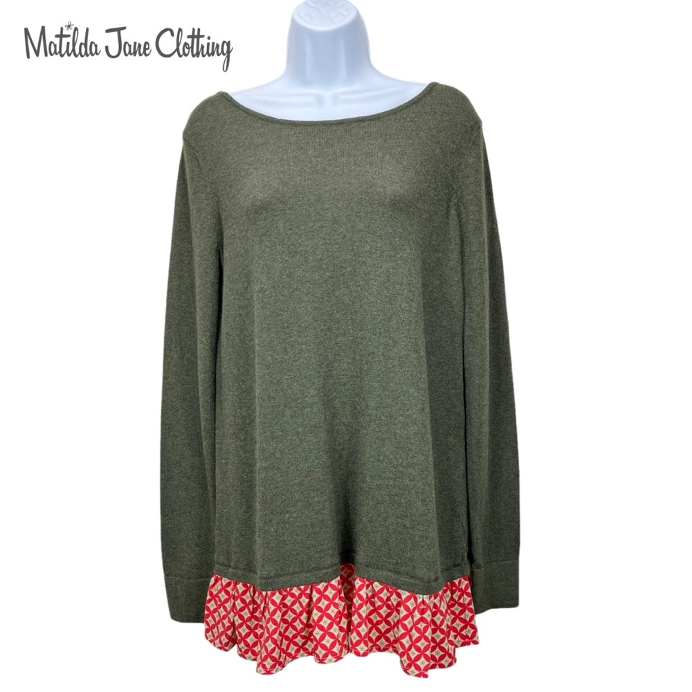 Matilda Jane | Women Small | Green‎ Knit Twist Back Sweater W/ Red Ruffle Blouse